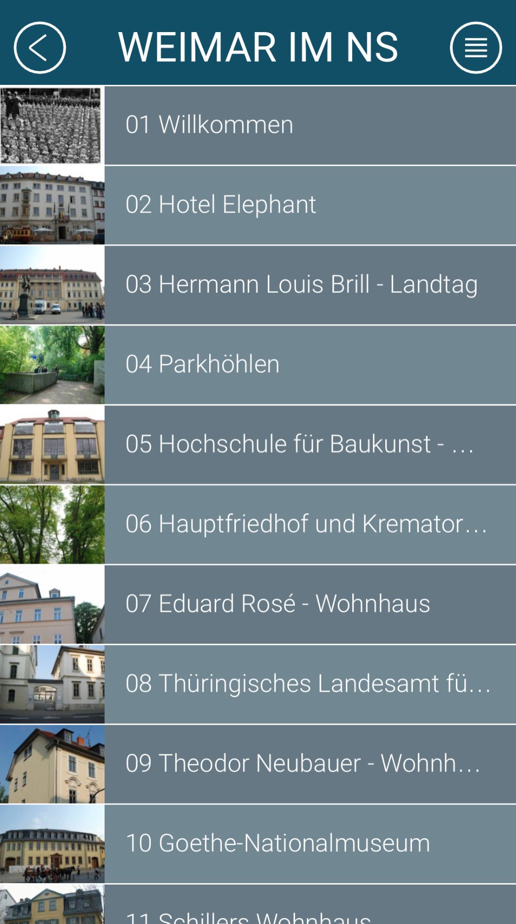 Screenshot App Weimar im Nationalsozialismus Auswahlmenue