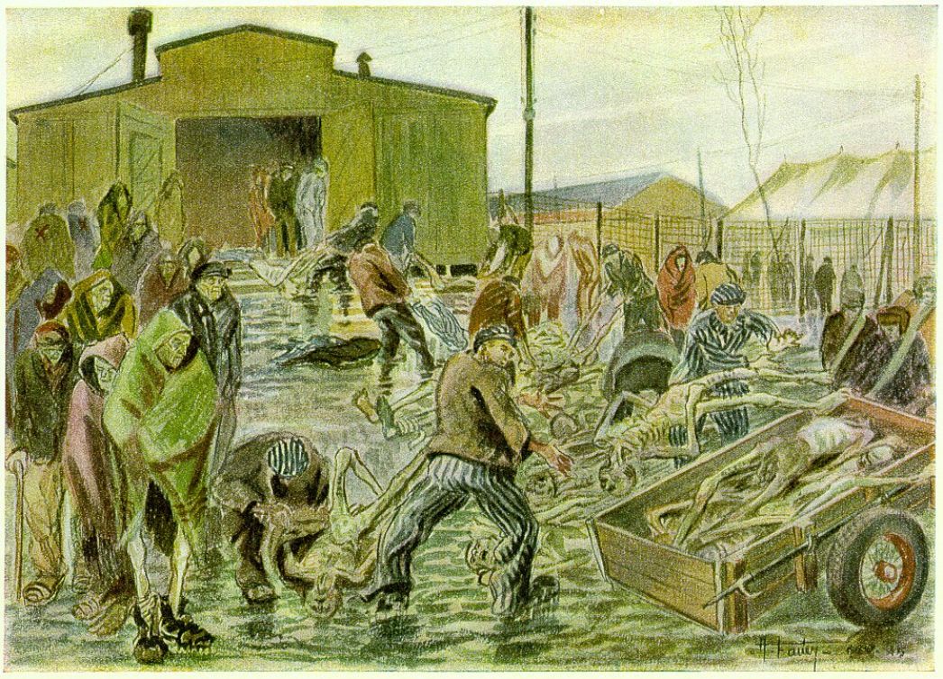 Drawing made in green and brown tones. In front of a barrack, prisoners dressed in rags pull an indeterminable number of emaciated, dead bodies from a pile onto a wheelbarrow. Other prisoners stand next to them and watch. A fence in the background separates the site from other barracks.