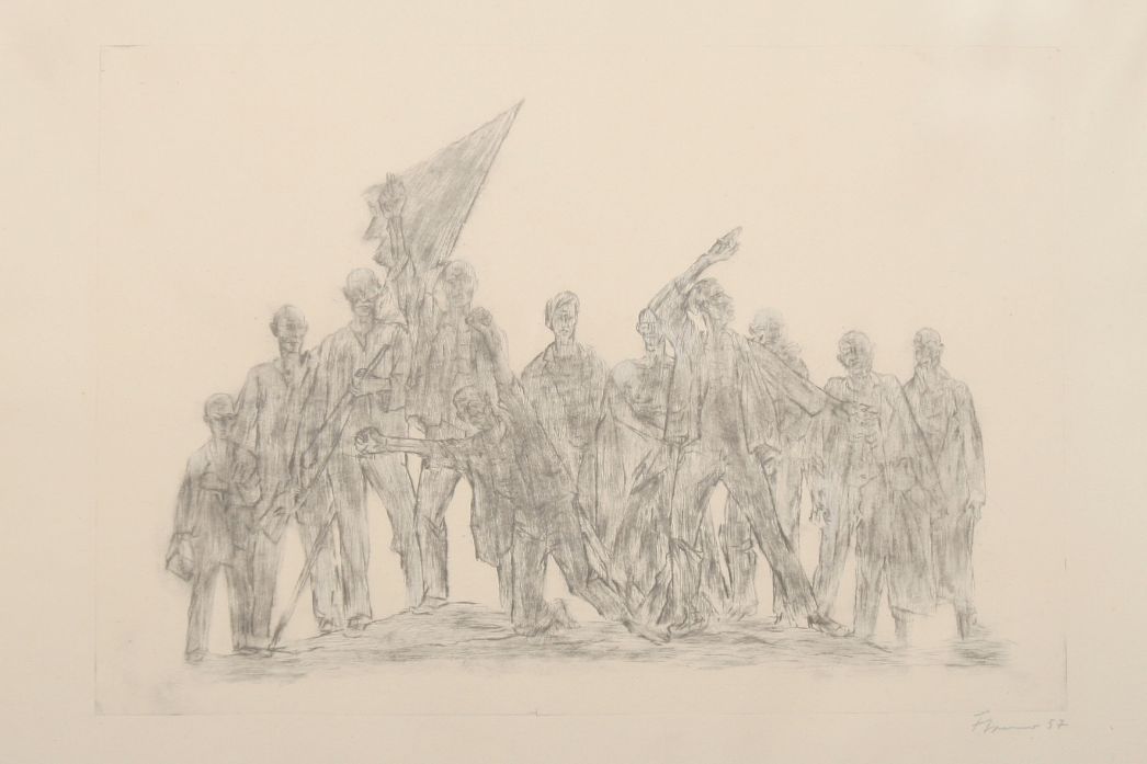 Drawing of the group of figures by Fritz Cremer. In the foreground one kneels with raised arms. Behind him, two others stretch a hand in the air. Others behind carry a flag and weapons.
