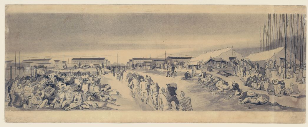 The picture shows a detailed pencil drawing capturing the hustle and bustle of the concentration camp after the liberation. The motif includes prisoners leaving the camp with luggage, as well as invalids lying on the ground, and people lying on the side of the road and appearing dead. Two large, bright tents are erected in front of the barracks in the background.