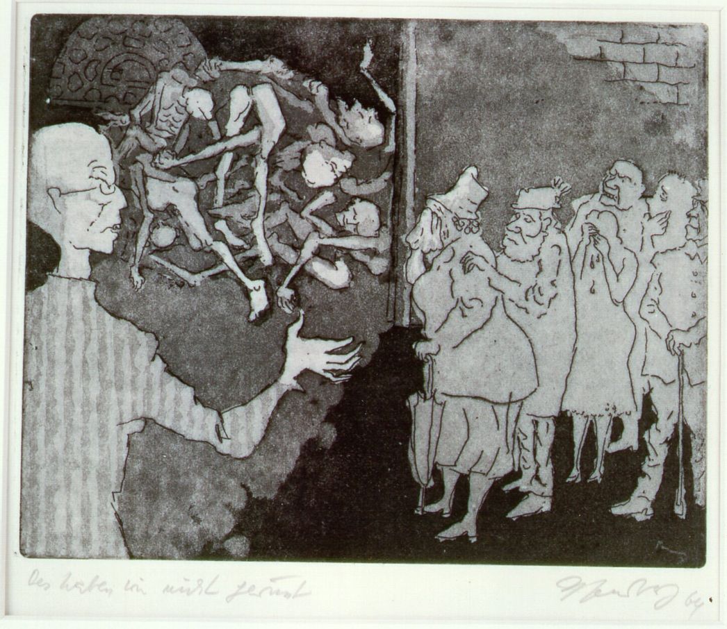 A prisoner at the side of the dead in the yard of the crematorium. In the upper left of the picture, the door of an oven can be seen. With an outstretched hand, he invites visitors to face the evidence of the crimes - to step closer to the emaciated bodies. The citizens, well-fed and well-dressed, are drawn with pointed pens. Horror is written on their faces. 
