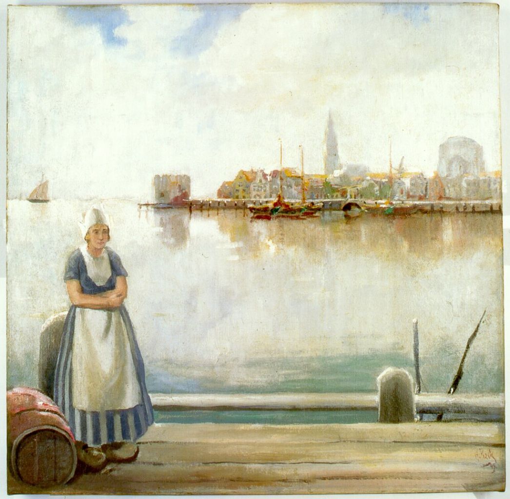 The painting shows a seaport with landing stages, barge and boat sailing out, with an Old Dutch town silhouette from the 17th or 18th century blurred in the haze of water and clouds. A female figure dressed in Dutch costume in the foreground.
