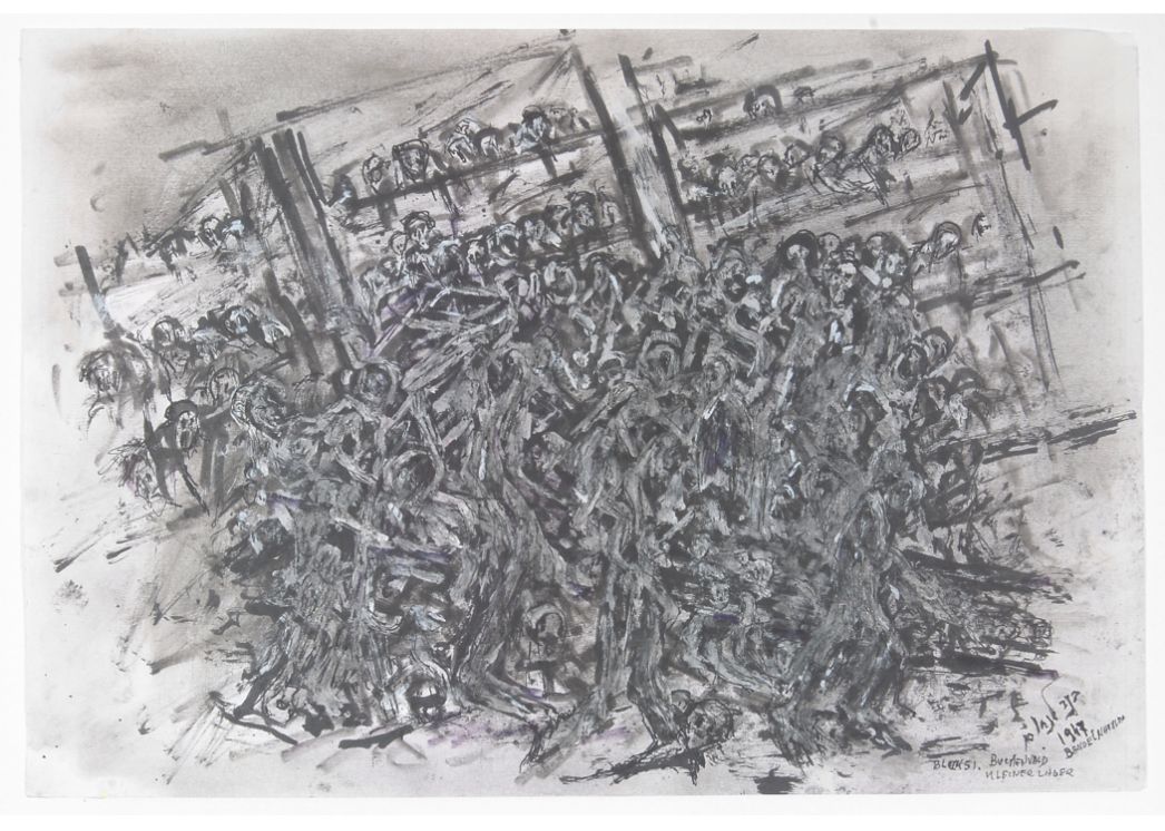 It is an ink drawing. In the background, symmetrical structures can be seen, which are supposed to represent the cane beds in the small camp. In front of it is an almost indefinable pile of strokes and dots. On closer inspection, it becomes clear that these are extremities protruding from the pile. 
