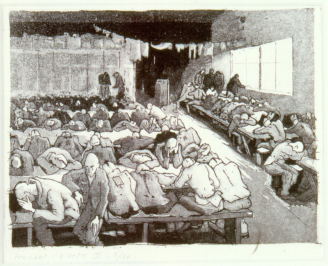 The etching shows people huddled at the dining tables of a prisoner barracks, in hunched postures and many with their heads resting on the empty tables or in their hands. In the background some are standing and looking out of the window.