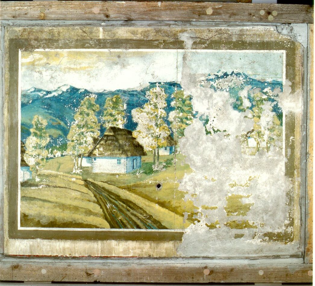 The heavily damaged painting shows some white thatched houses among trees in a green landscape. In the background high, dark mountain ranges, snow-covered at the tops.