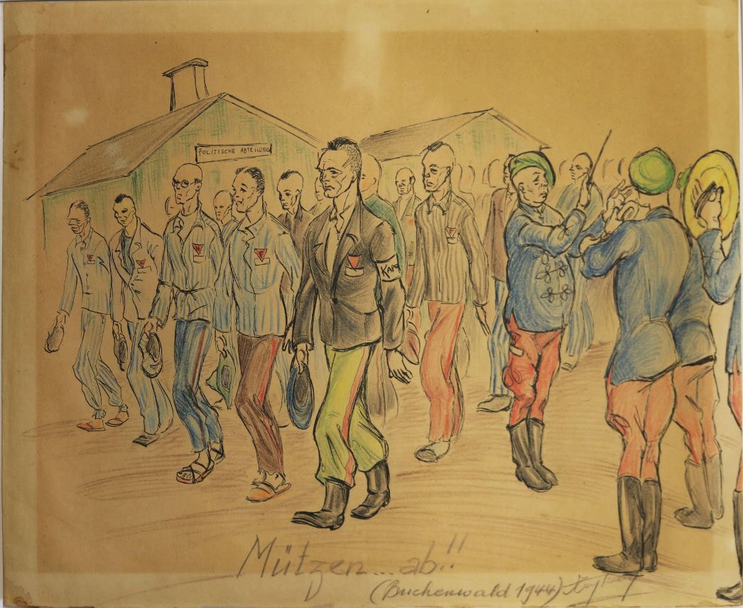 The picture is a drawing on yellowed paper. The motif is prisoners walking along one of the camp roads to the roll call area. Three members of a marching band can be seen in the foreground on the right.
