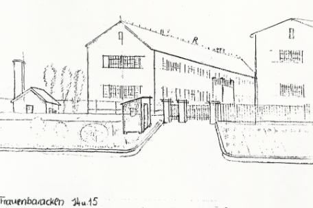 A drawing of the two two-story barracks of the former concentration camp laboratory that were used as women's barracks in the special camp. To the left is a small house with a conspicuously large and tall chimney. The drawing is labeled below as follows: "The women's barracks 14 and 15, former laboratory. After demolition of the small building, a casket with gold and precious stones worth 2 million gold marks was found walled into the foundation." 