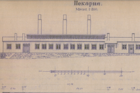 A schematic drawing of the bakery in side view. The one-story building is built on a sloping foundation to compensate for the slight slope of the ground. There are two larger entrances on either side and a smaller door on the far left, with a 10 windows close together in between. Three chimneys are distributed over the central part. 
