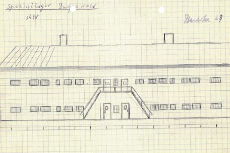 Drawing of a stone barrack on squared paper. At the top right, the drawing is labeled "Baracke 28". At the top left is written "Speziallager Buchenwald 1948". The schematic drawing shows a two-winged two-story building, with a two-sided exterior stairway in the center. The windows are small, with grilles indicated in front. 