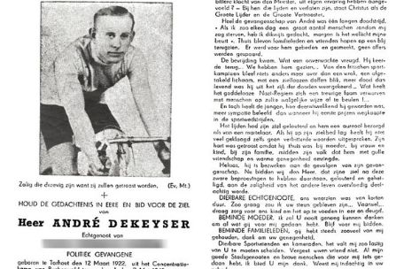 Death note for André Dekeyser, dated June 1945. Next to a photo of the deceased on his racing bike is obituary text.