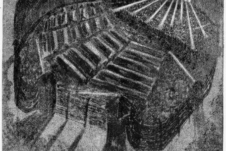 The picture shows an etching, where from a large spot of charcoal, the structure of the prisoner camp Buchenwald was etched. The light beams of the searchlights at the camp gate are abundantly clear. 