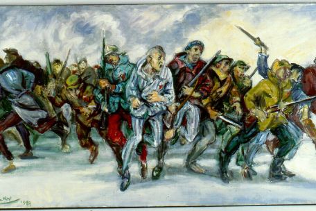 A colored drawing of armed prisoners charging forward ready to fight. 