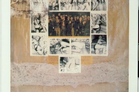 The historical photo in the center of this collage shows survivors of Buchenwald concentration camp a few days after the liberation on April 11, 1945. Arranged around it are photos of a pin-up girl in changing poses.