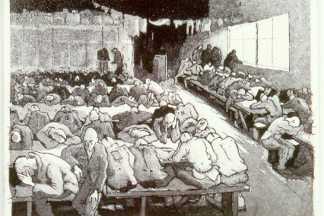 The etching shows people huddled at the dining tables of a prisoner barracks, in hunched postures and many with their heads resting on the empty tables or in their hands. In the background some are standing and looking out of the window.