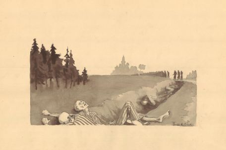 A watercolor drawing showing some emaciated dead prisoners in a ditch by the side of the road. Some have bullet holes on their heads. The silhouettes of people in a column can be seen in the background. She is followed by three silhouettes that look armed.
