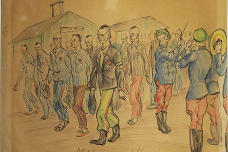 The picture is a drawing on yellowed paper. The motif is prisoners walking along one of the camp roads to the roll call area. Three members of a marching band can be seen in the foreground on the right.