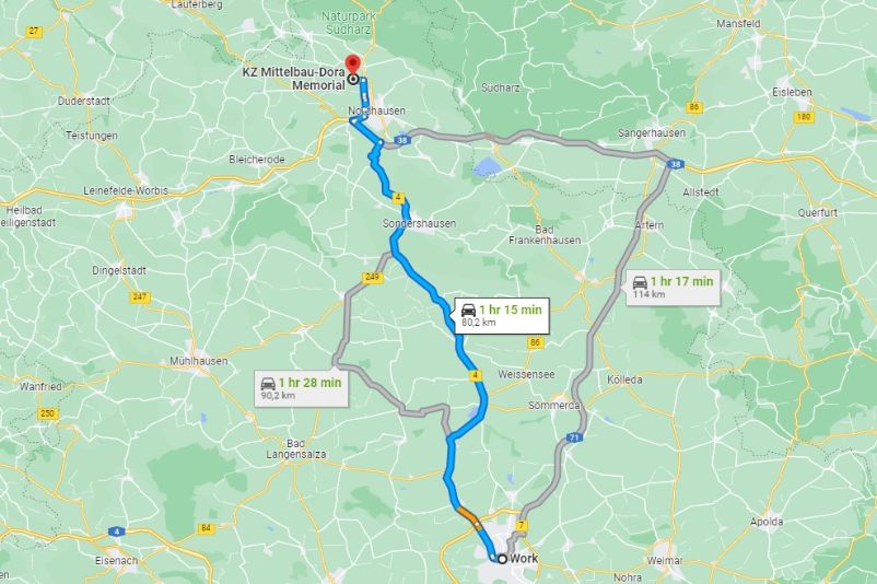 Eine Kartenansicht mit verschiedenen Routen von Erfurt zur Gedenkstätte Mittelbau-Dora.
