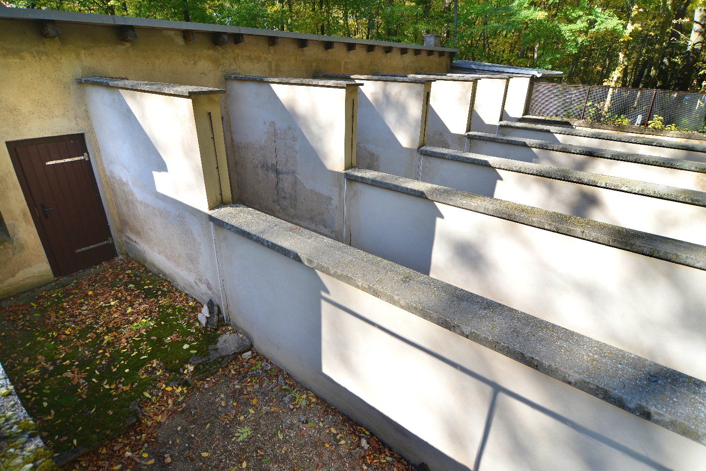 You can see six elongated plots of a dog kennel separated from each other by walls.