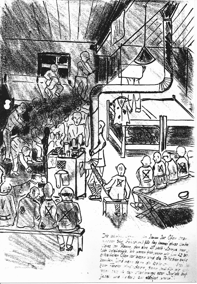 Die zeichnung zeigt das Innere einer Baracke in der Männer um einen Ofen stehen und sitzen. Im Hintergrun sind Etagenbetten.