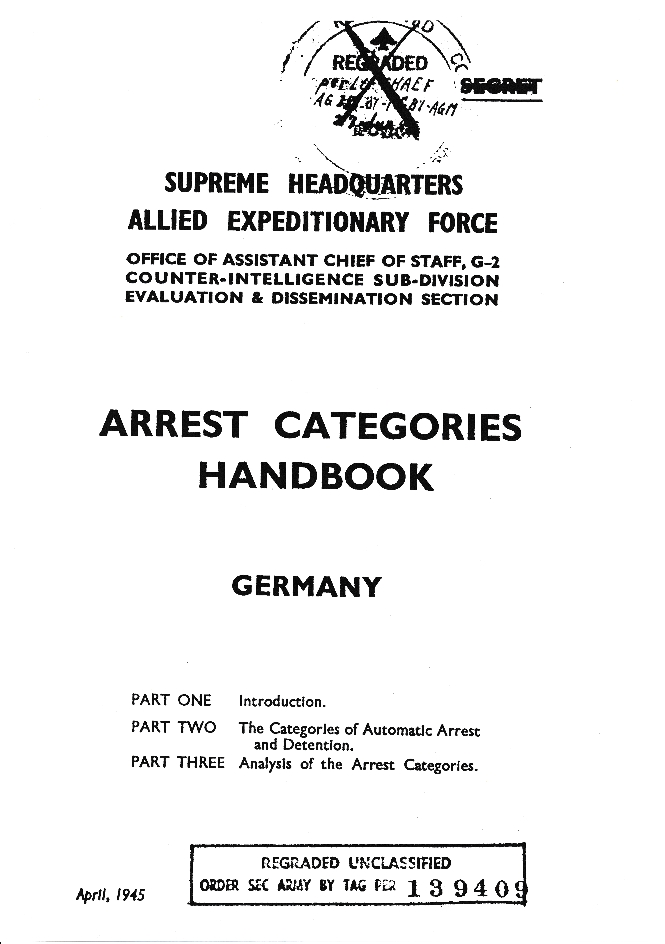 Plainly lettered title page of the Arrest Categories Handbook, published by the supreme headquarters allied expeditionary force. The title page reads Arrest Categories Handbook.