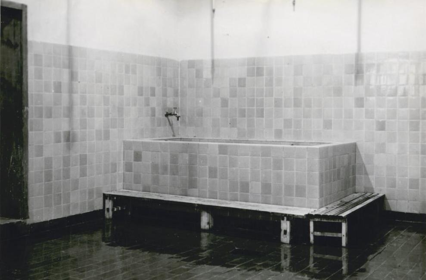 A tall, tiled disinfection tub in an , otherwise empty, tiled room