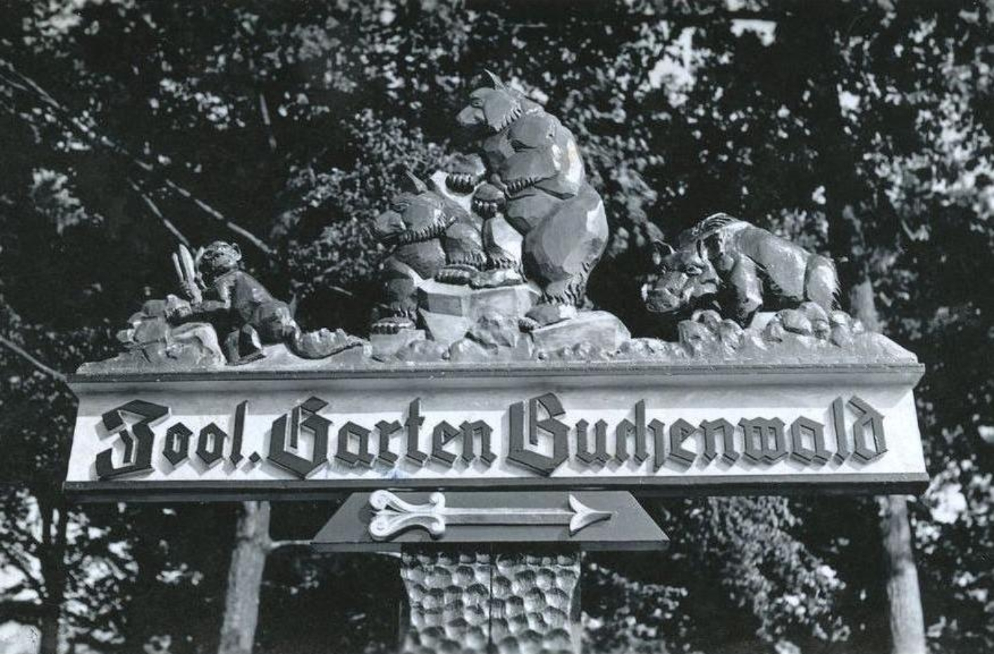 Ein handgeschnitzter Wegweiser mit der Aufschrift "Zool. Garten Buchenwald“, mit Tierfiguren oberhalb des Schriftzuges: Ein Affe, zwei Bären und ein Wildschwein