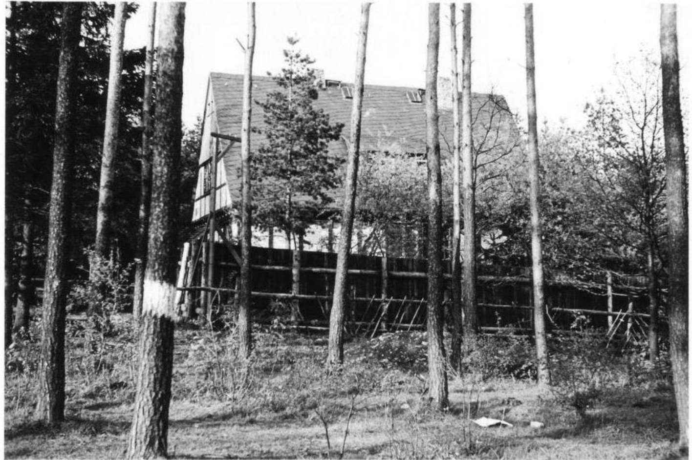 Zwischen Bäumen steht ein hoher Fachwerkbau, umgeben von einem blickdichten Holzzaun. Links auf dem Zaun steht ein Falkenposten.