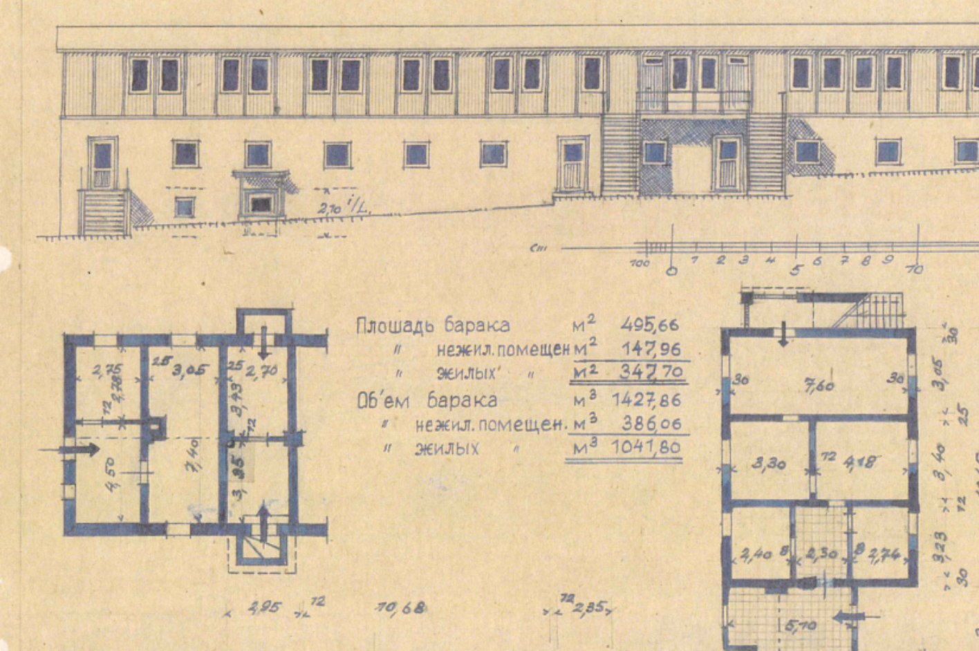 A schematic drawing of the lazaretto. It is a flat, long building with two floors. Due to the slightly sloping position, the windows on the right side are near the ground, while on the left side stairs lead up to the door. In the middle, stairs also lead up to the doors on the second floor. At the top, large windows are regularly arranged in pairs, while at the bottom, smaller windows are more widely spaced. Below the drawing there are two floor plans with lengths, as well as a list about the area with square meters and Cyrillic inscriptions.