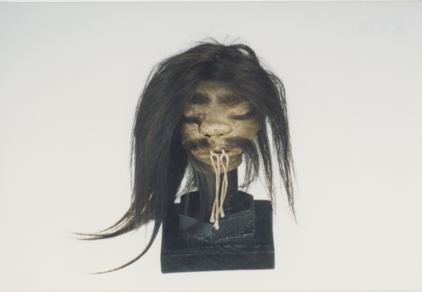 You can see a sculpture made of animal skins and animal hair from which a real-looking shrunken head of a human being was made. The shrunken head has long black hair, a black moustache and a light-coloured braided chin beard.