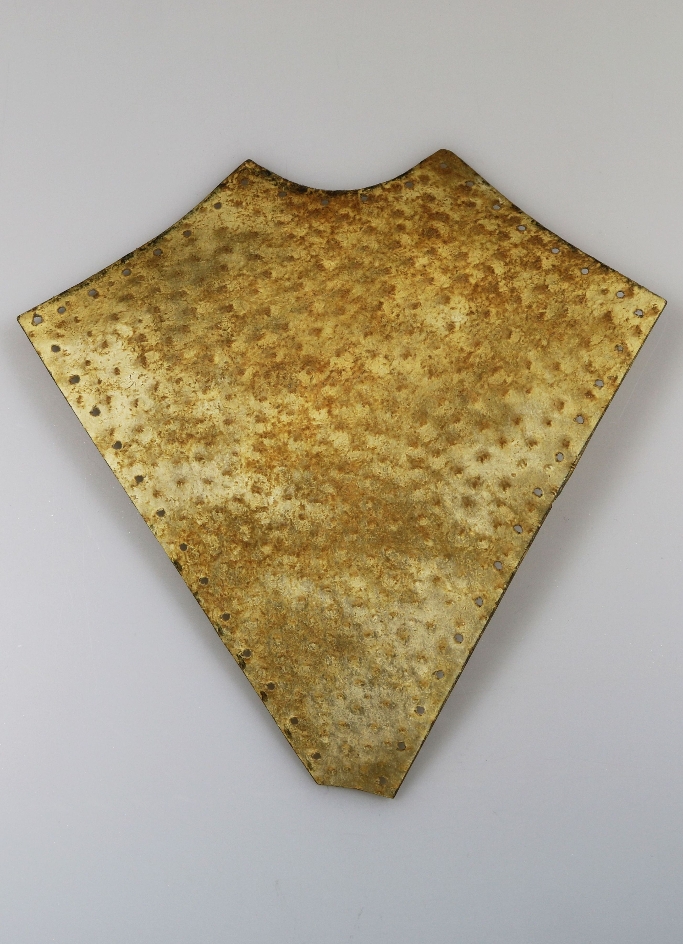 You can see a piece of a lampshade made from human skin. The skin has become yellowish due to the tanning process. Puncture holes can be seen along the edges, implying that the piece was originally sewn together with others.