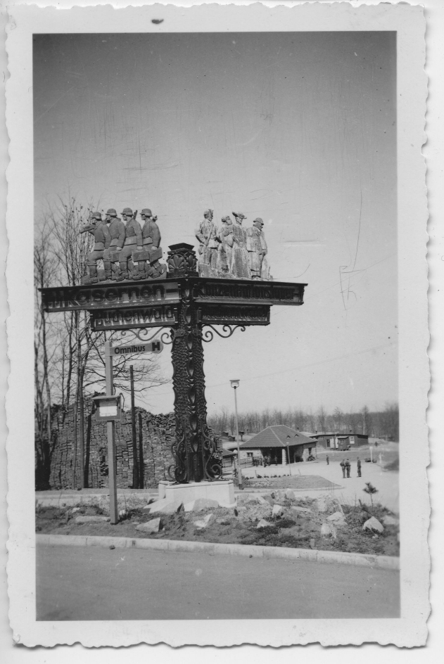 A signpost to the Buchenwald SS barracks and Buchenwald concentration camp on Carachoweg, hand-carved by prisoner Bruno Apitz. 