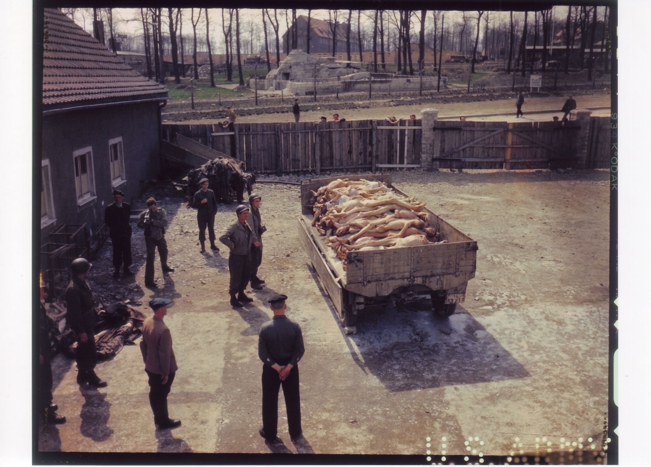 US soldiers and former prisoners in front of a truck trailer loaded with corpses in the courtyard of the crematorium. In the background, the SS Zoological Garden.