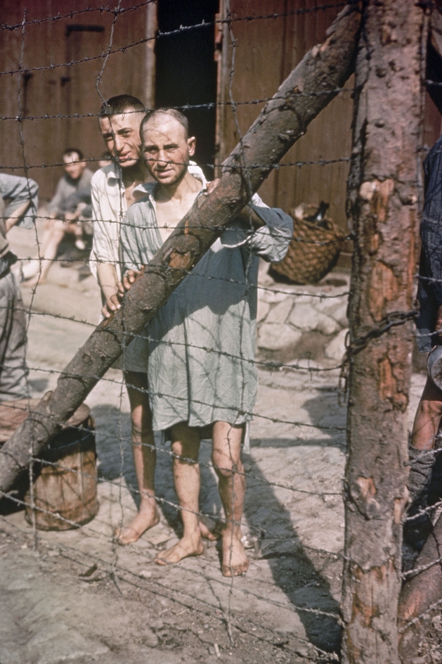 2 former prisoners dressed only in a long shirt and standing at the barbed wire fence of the small camp. One of the men stands behind the other and looks over his shoulder. Both prisoners are barefoot. In the background, other former prisoners are sitting on the ground.