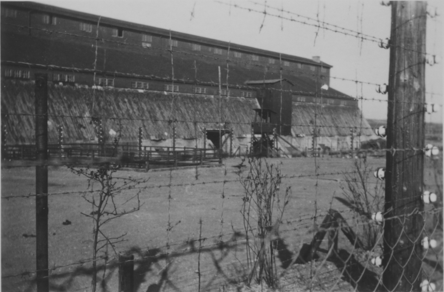 Blick durch den Stacheldrahtzaun auf die zur Häftlingsunterkunft umfunktionierte Feldscheune.