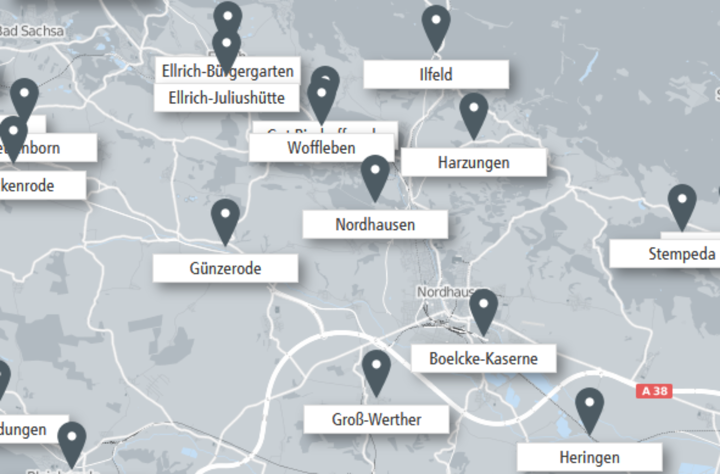 Ein Ausschnitt aus einer Karte der Umgebung Nordhausens in Thüringen. Mehrere Standorte sind markiert.