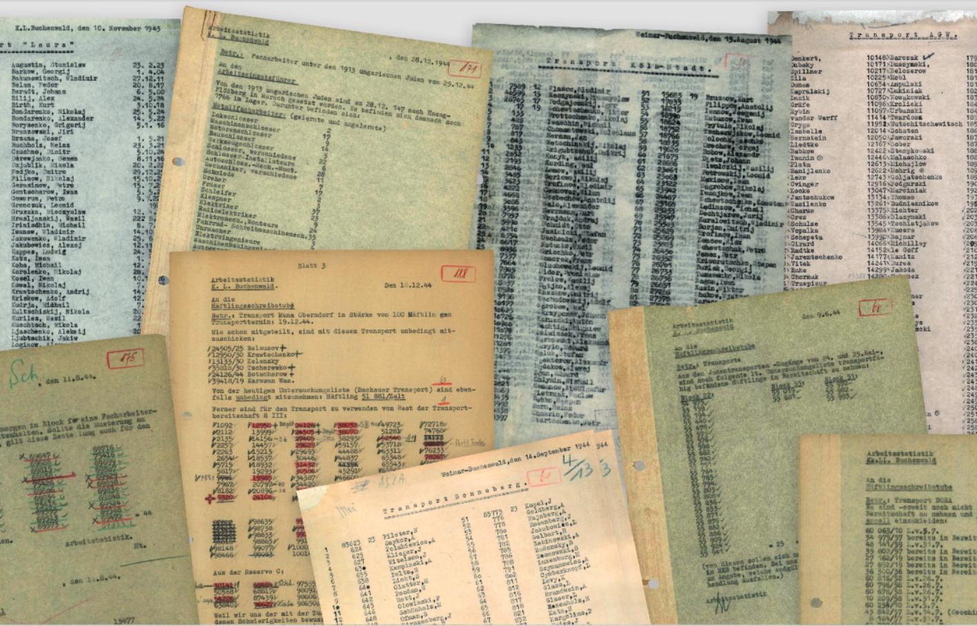 Zu sehen ist eine Collage aus verschiedenen Akten aus der Arbeitsstatistitik des KZ-Buchenwald.