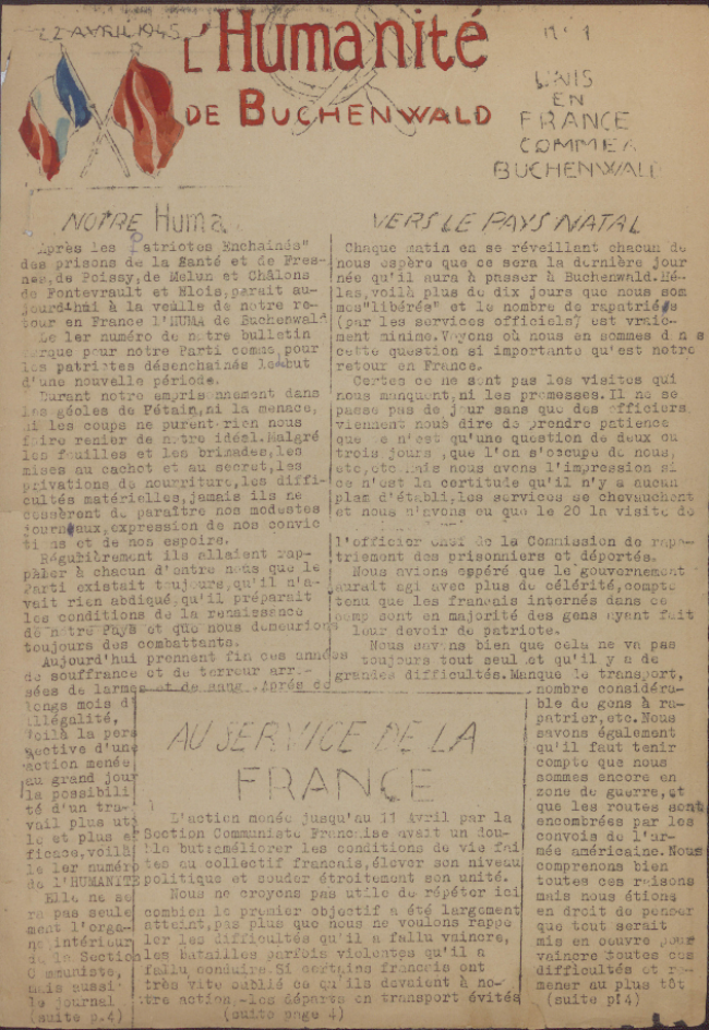 Lagerzeitung der französischen Kommunisten: „L’Humanité de Buchenwald“, Nr. 1 vom 22. April 1945