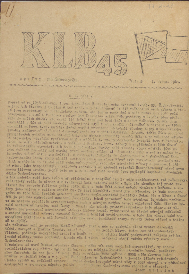 Tschechische Lagerzeitung: „KLB 45“, Nr. 5 vom 1. Mai 1945