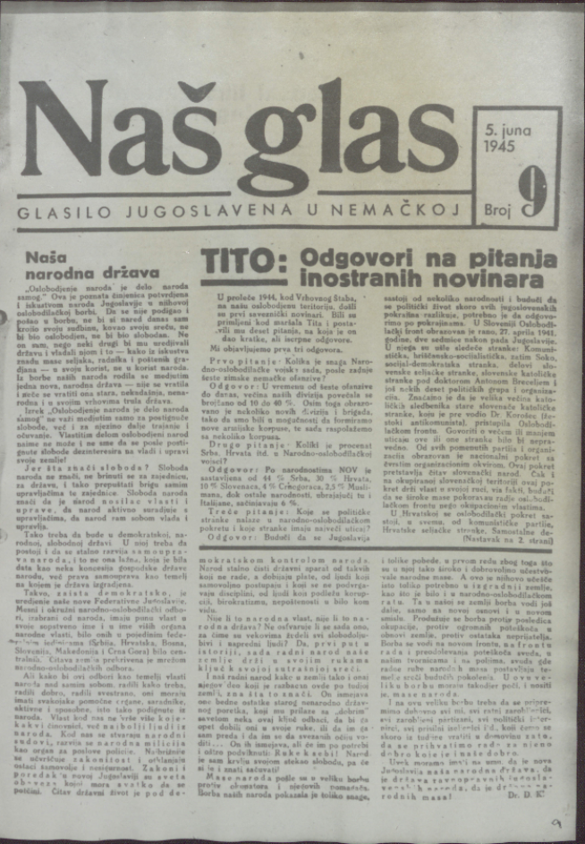 Jugoslawische Lagerzeitung: „Naš glas“ (Unsere Stimme), Nr. 9 vom 5. Juni 1945