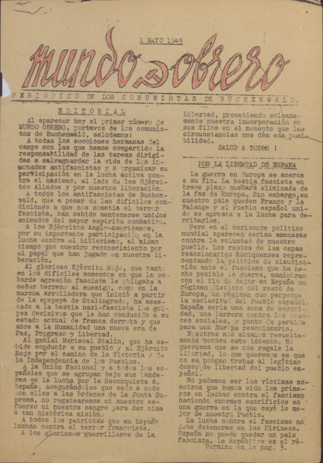 Lagerzeitung der spanischen Kommunisten: „Mondo obrero“ (Arbeiterwelt), Nr. 1 vom 1. Mai 1945