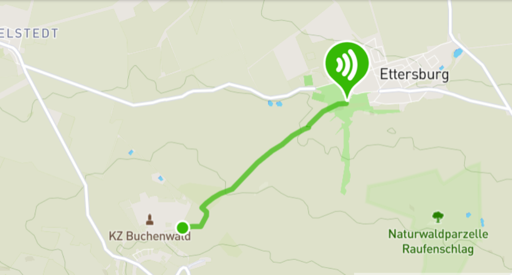 Zu sehen ist eine Karte auf der die Route von Ettesburg nach Buchenwald verzeichnet ist.