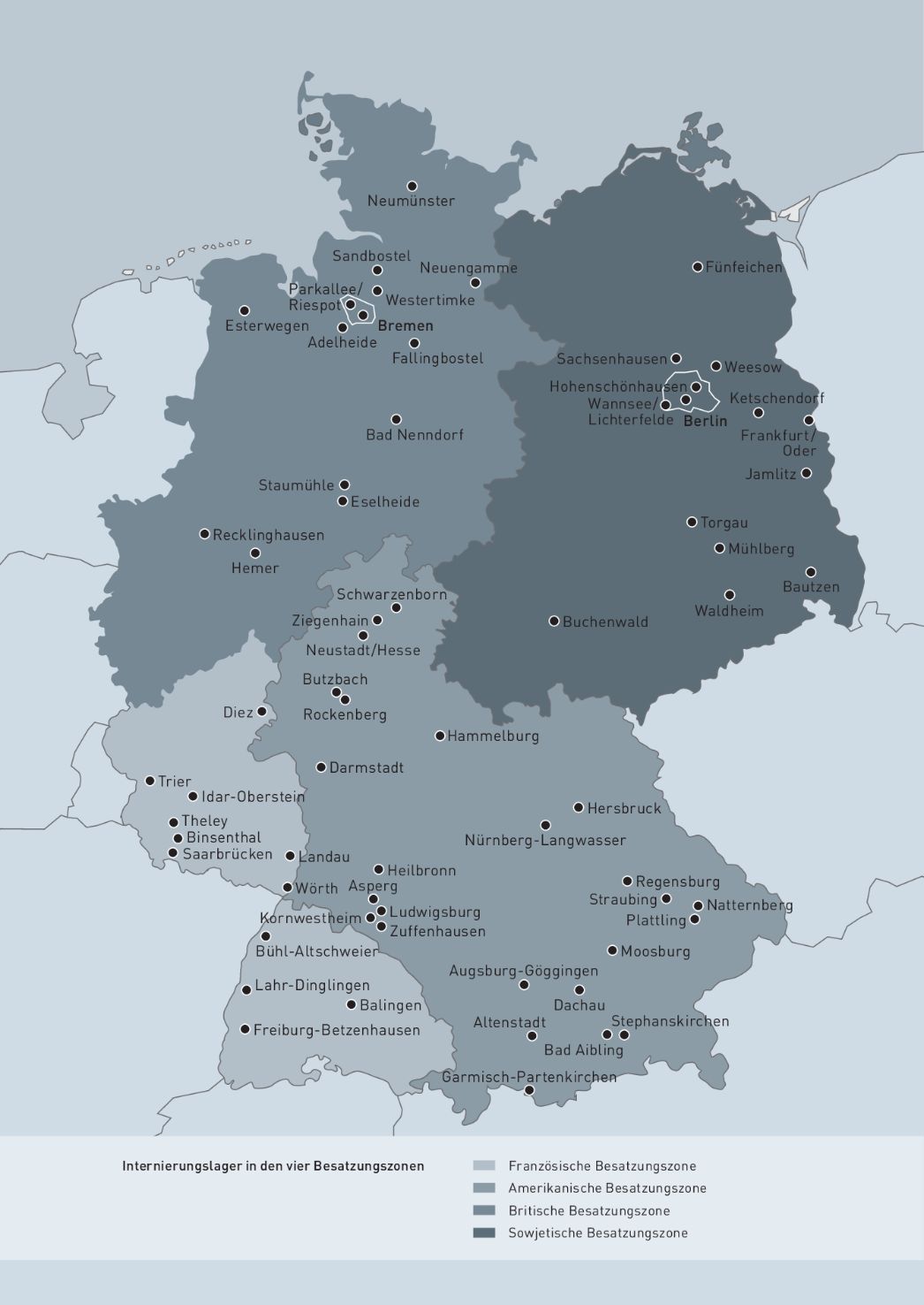 Karte der alliierten Internierungslager in den vier Besatzungszonen