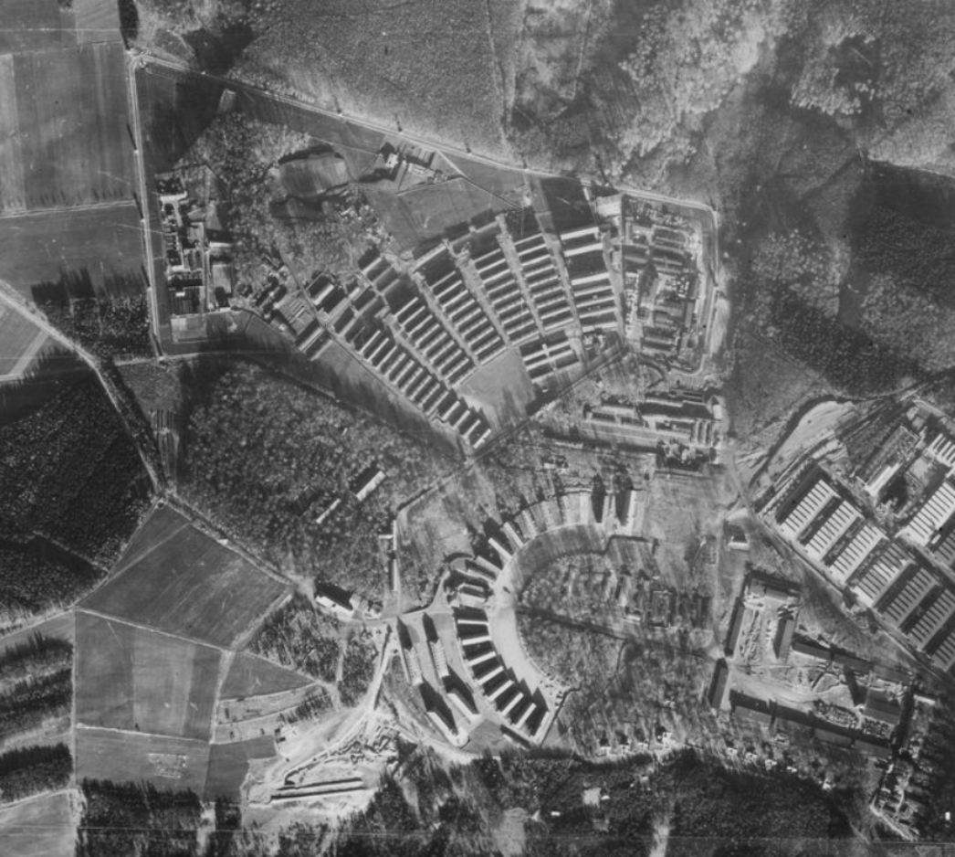 Aerial view of Buchenwald concentration camp from high altitude.