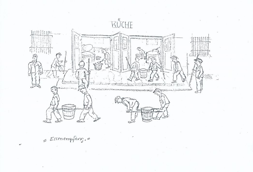 A drawing with the heading Kitchen. Behind open doors, people are working at troughs. In front of it, others carry open barrels in pairs.