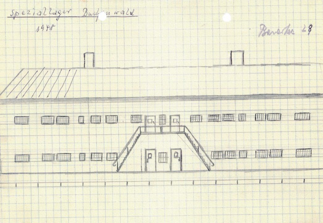 Drawing of a stone barrack on squared paper. At the top right, the drawing is labeled "Baracke 28". At the top left is written "Speziallager Buchenwald 1948". The schematic drawing shows a two-winged two-story building, with a two-sided exterior stairway in the center. The windows are small, with grilles indicated in front. 