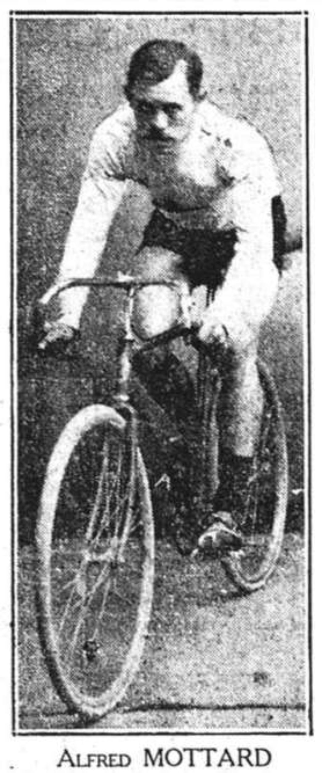 Alfred Mottard, in period cycling clothes on his bicycle. He has a characteristic large mustache.