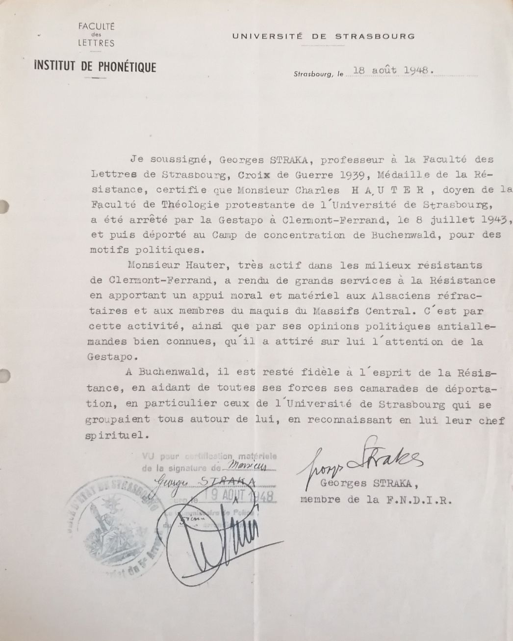 Bescheinigung von Georges Straka über die Widerstandstätigkeit seines Kollegen Charles Hauter. 