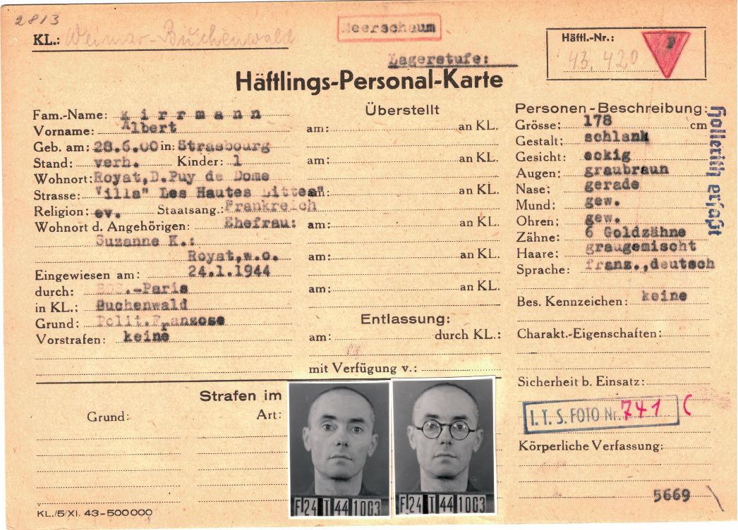 Häftlingspersonalkarte des KZ Buchenwald für den Chemieprofessor Albert Kirrmann, Januar 1944.