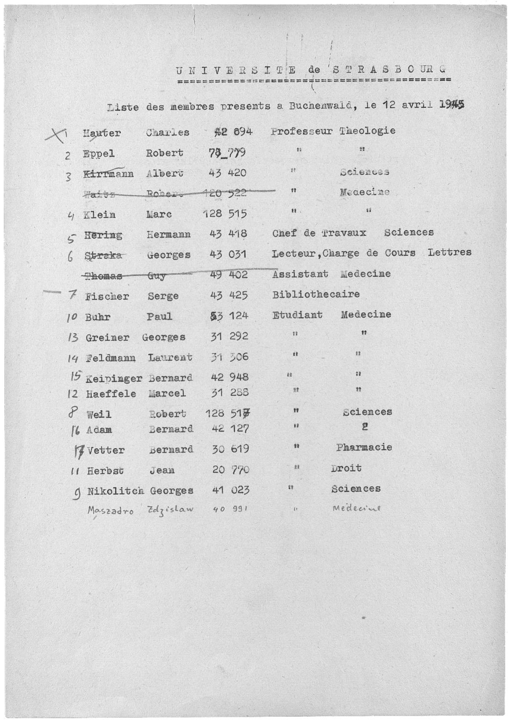 Liste der in Buchenwald befreiten Männer, die sich selbst als Angehörige der Université de Strasbourg bezeichneten, 12. April 1945. Mit dieser Liste wurde die Aufnahme in das französische Komitee als Widerstandsgruppe „Alsace-Lorraine et Université de Strasbourg“ erfolgreich beantragt.
