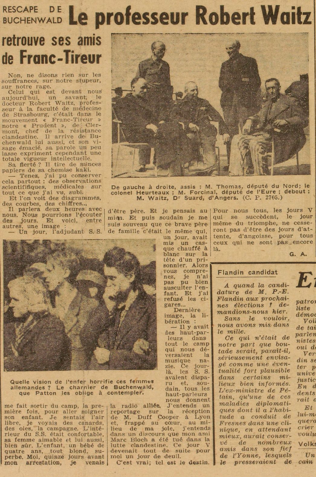 Interview mit Robert Waitz in der Zeitung „Le Franc-Tireur“ unter dem Titel „Rescapé de Buchenwald : Le professeur Robert Waitz retrouve ses amis de Franc-Tireur“, 20. April 1945. Auf dem Foto rechts oben ist Waitz (stehend links) mit weiteren Buchenwald-Überlebenden zu sehen 